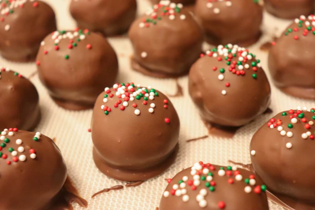 Peanut Butter balls with rice krispies dipped in chocolate