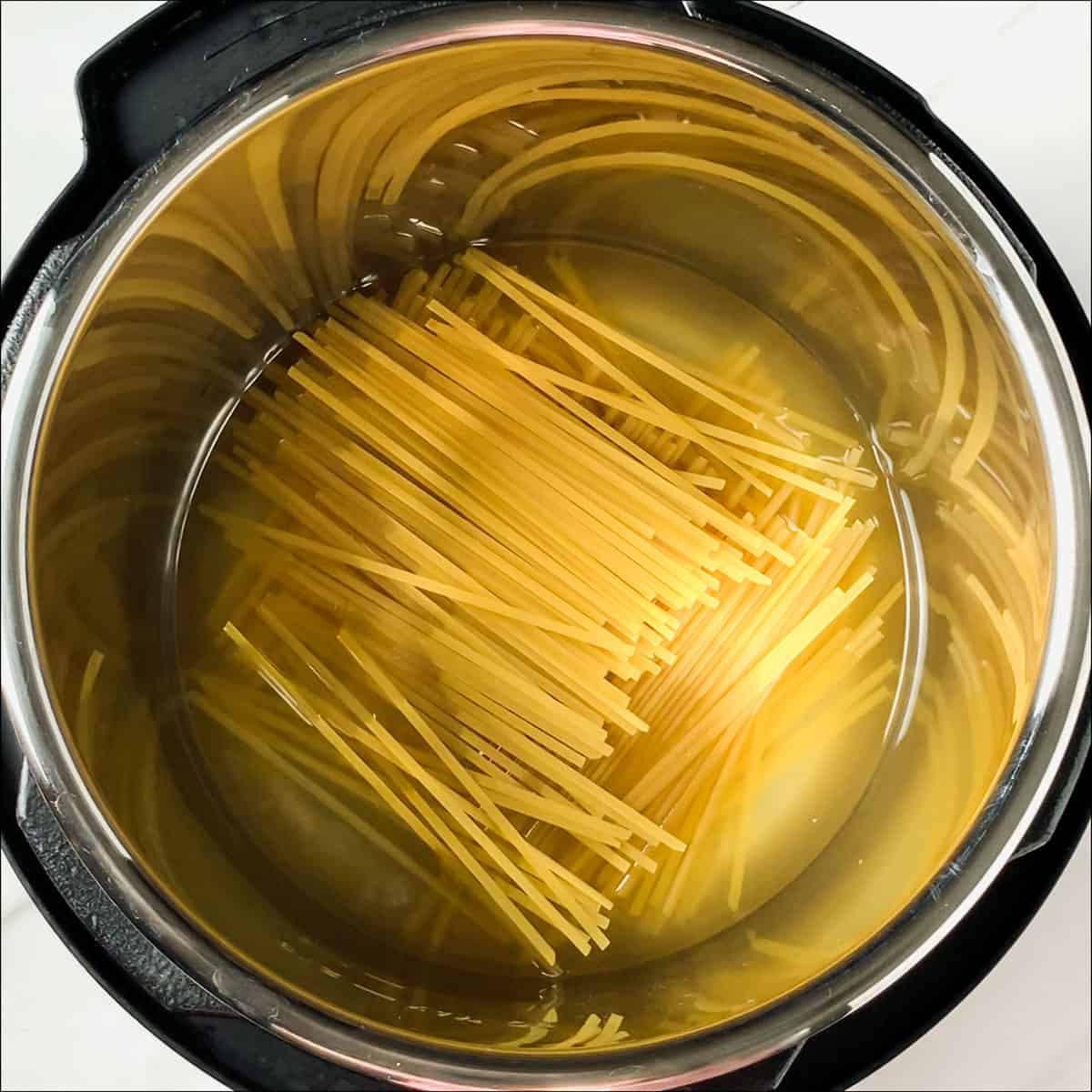 chicken broth and linguine noodles layered in the instant pot