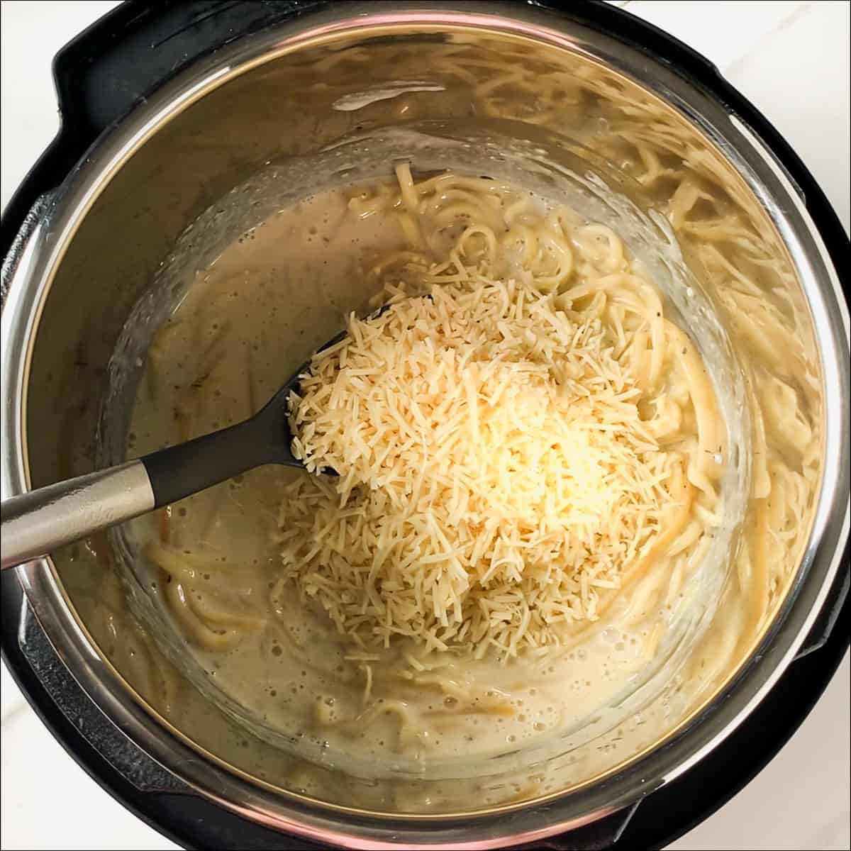 adding evaporated milk and parmesan cheese to alfredo sauce