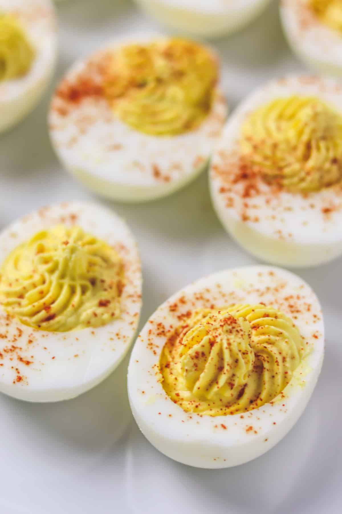 zoom in on deviled eggs on platter