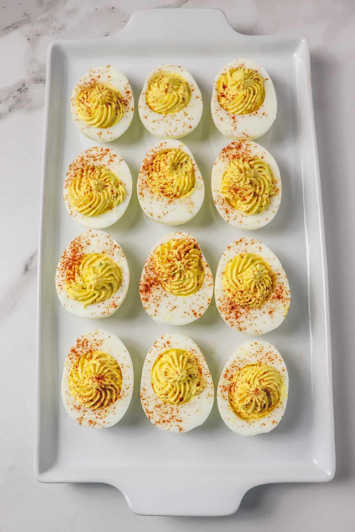top down view of no mayo deviled eggs