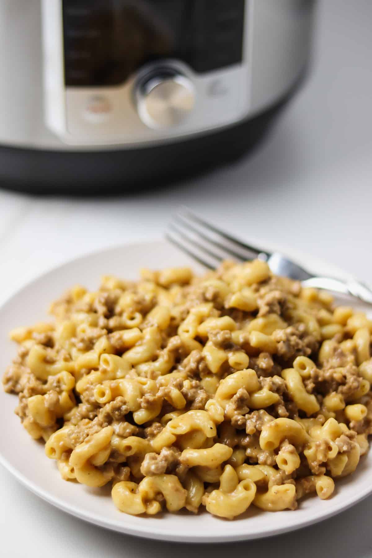 plate of hamburger helper in front of instant pot