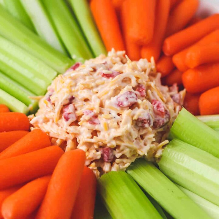 zoom in on no mayo pimento cheese surrounded by vegetables