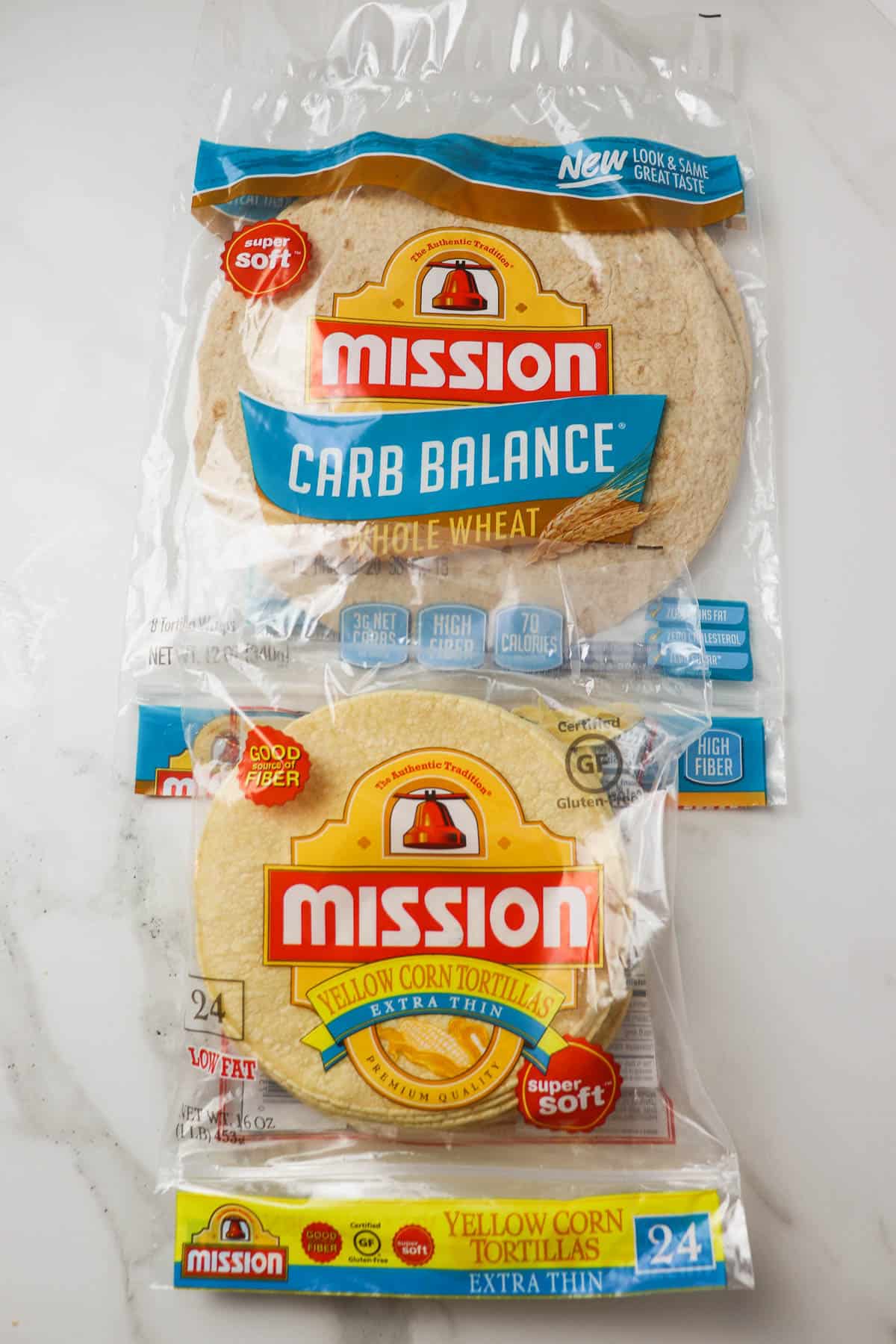 corn tortillas and whole wheat low carb tortillas in the package