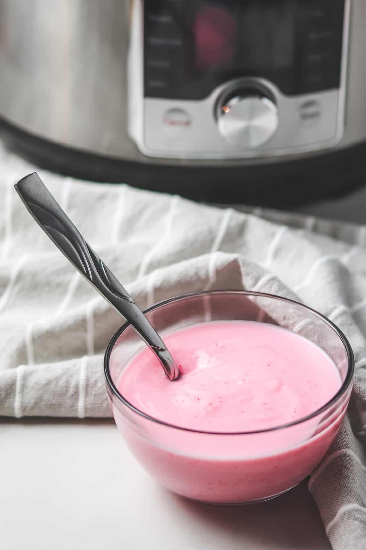 strawberry instant pot cold start yogurt in a small glass bowl