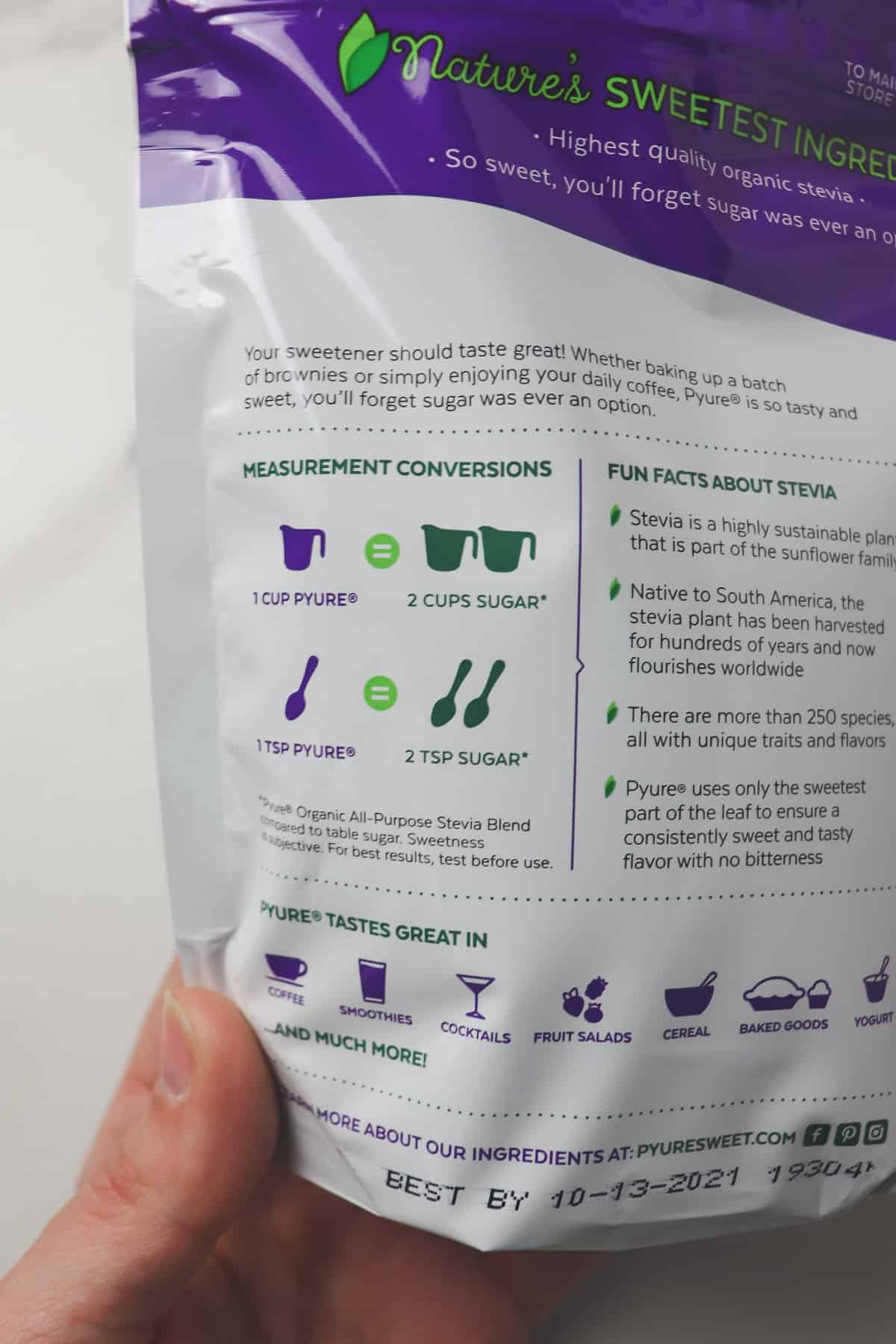 pyure organic stevia to sugar conversion on back of bag