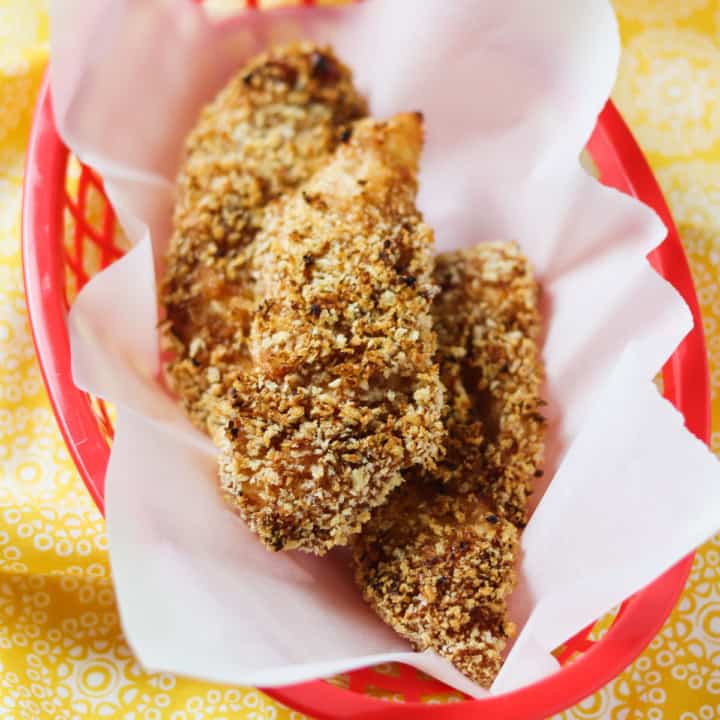 air fryer crunchy bbq tenders in red basket on yellow fabric