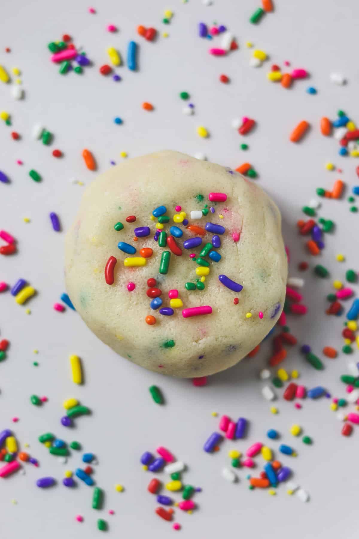 piece of edible sugar cookie dough with sprinkles