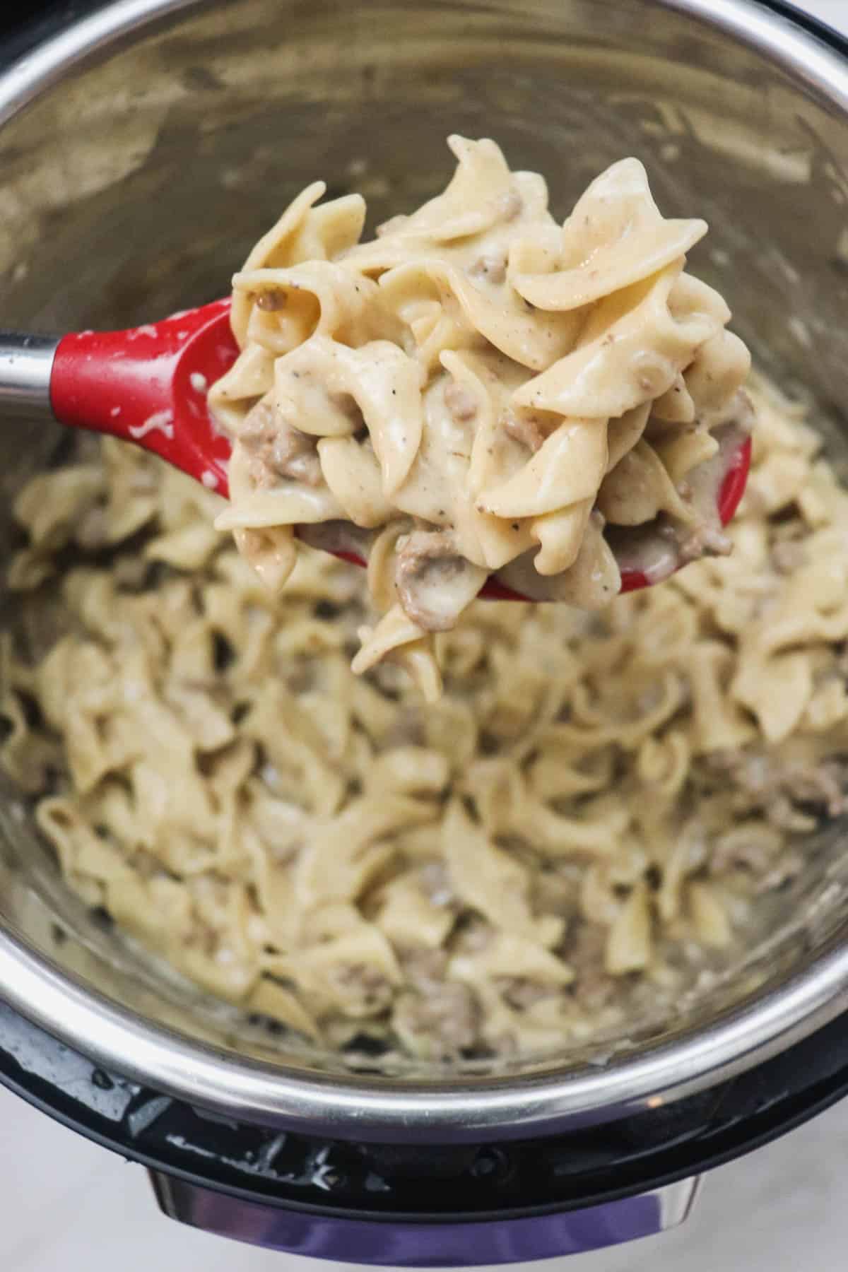 dipping a spoonful of instant pot beef stroganoff