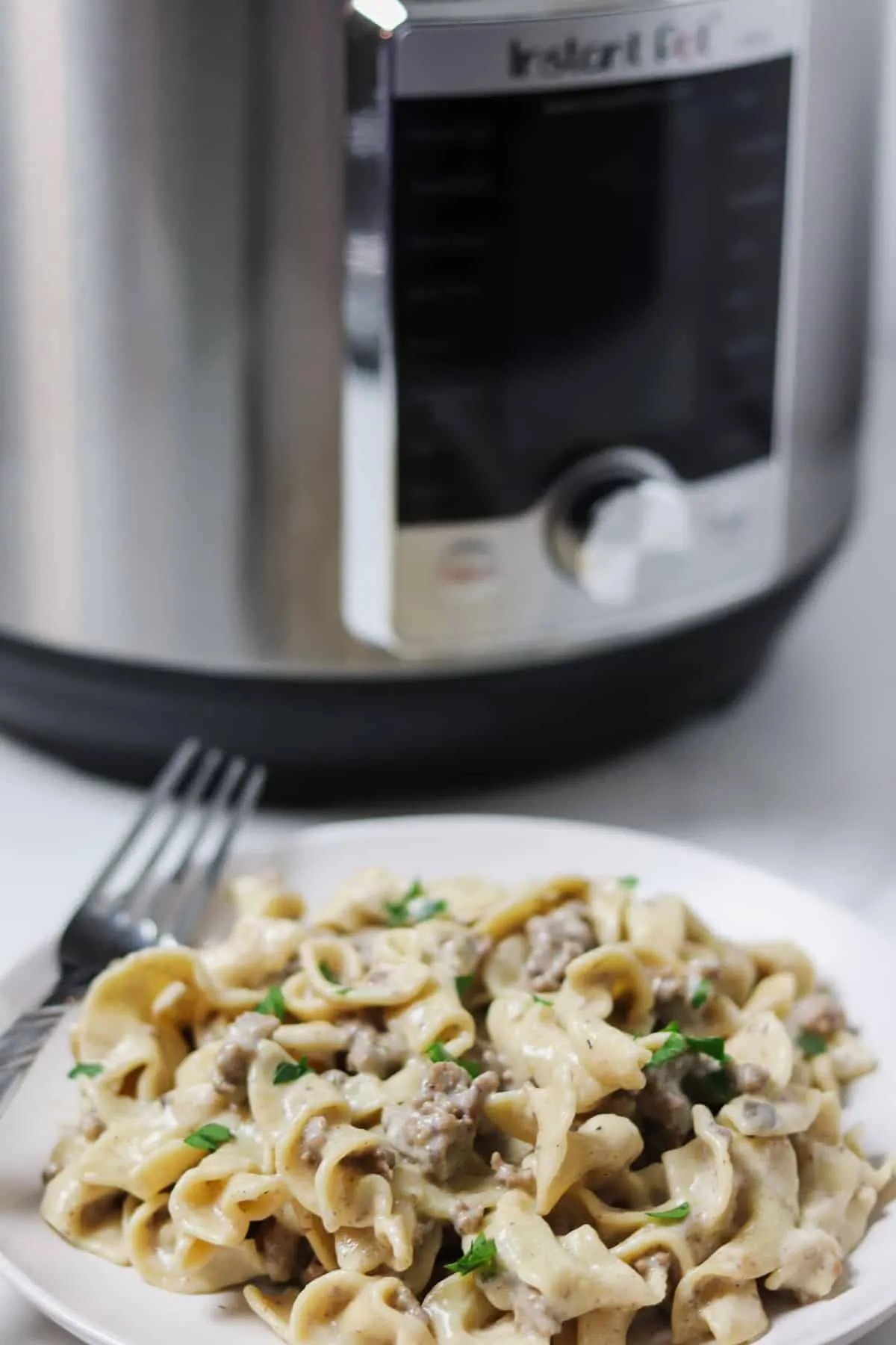 plate of instant pot ground beef stroganoff in front of instant pot