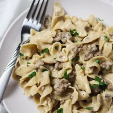 plate of instant pot ground beef stroganoff with fork