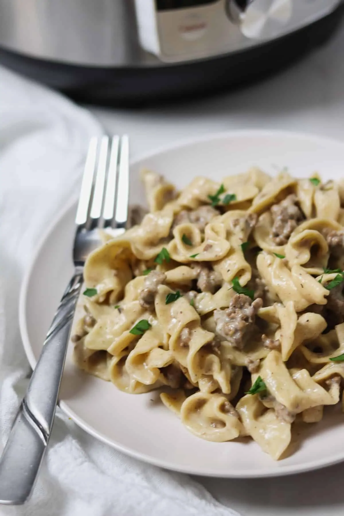 plate of ground beef stroganoff with the instant pot in the background