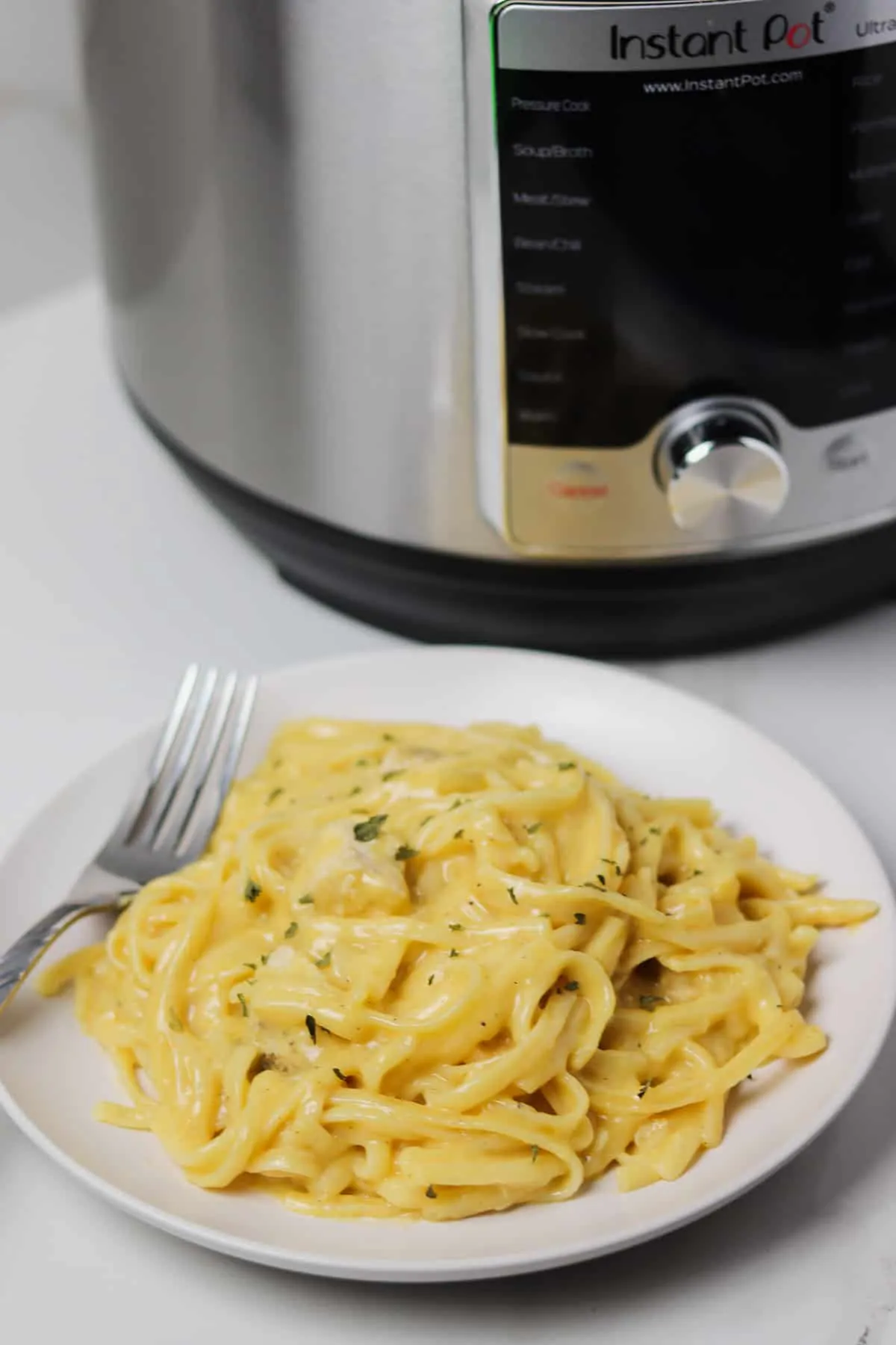 plate of chicken spaghetti in front of the instant pot
