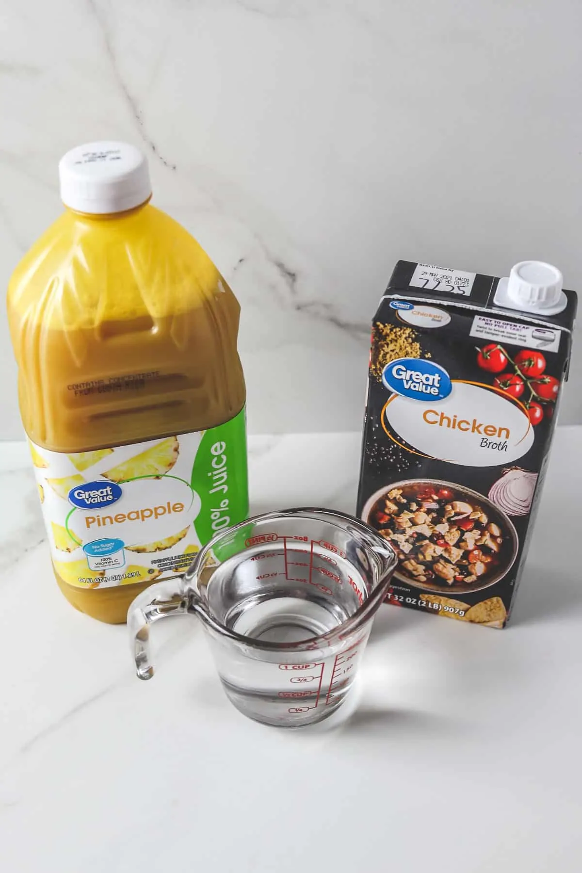 options for cooking liquid - pineapple juice, water, and chicken broth