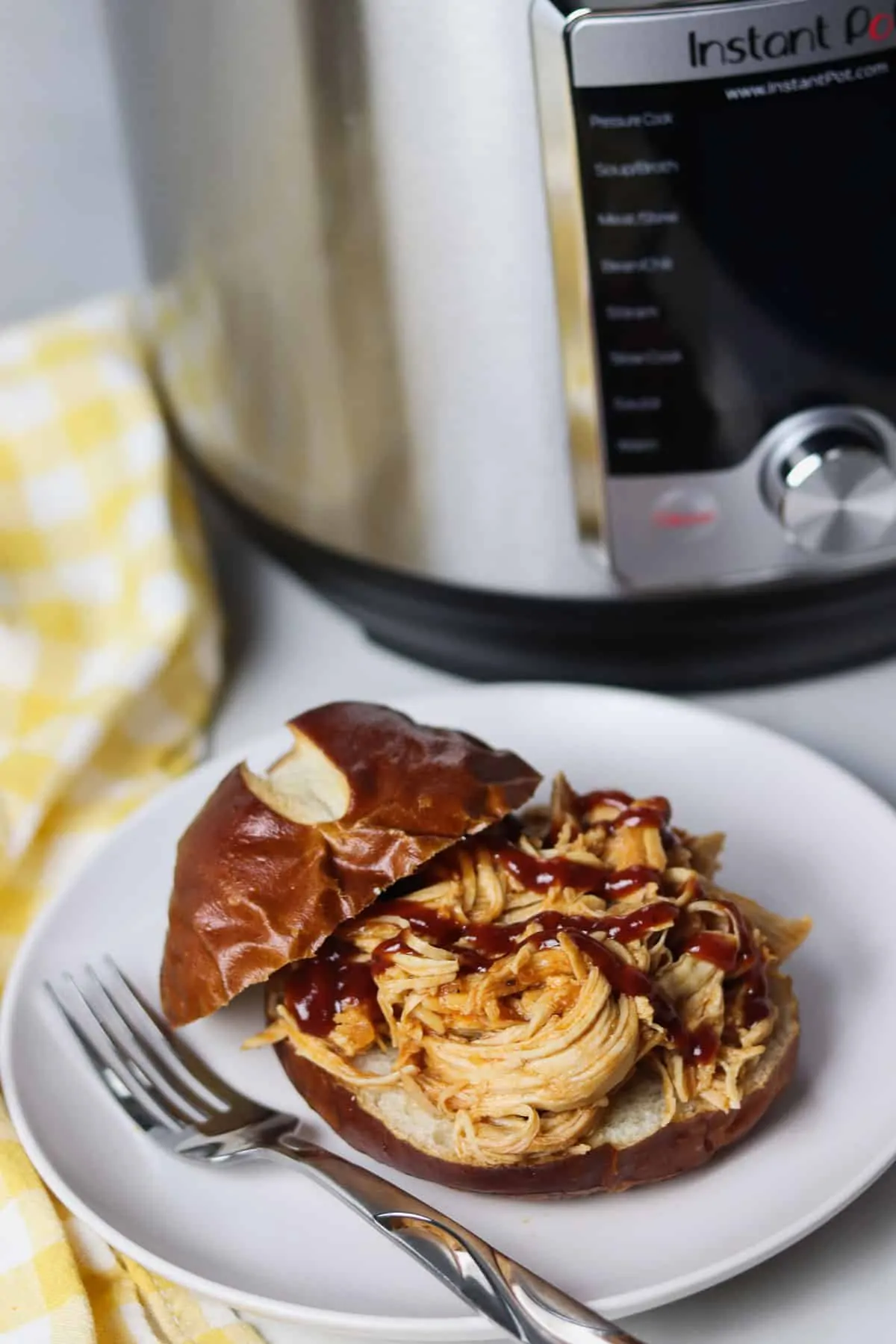 pulled bbq chicken sandwich in front of an instant pot