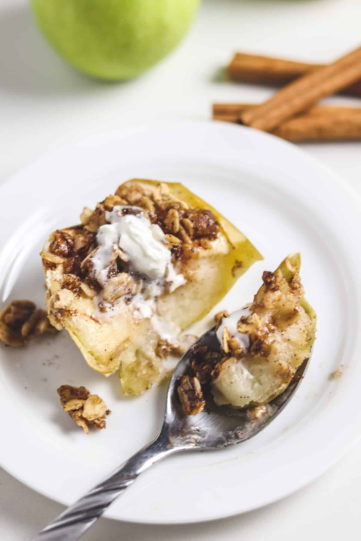 spoonful of air fryer baked apple on plate