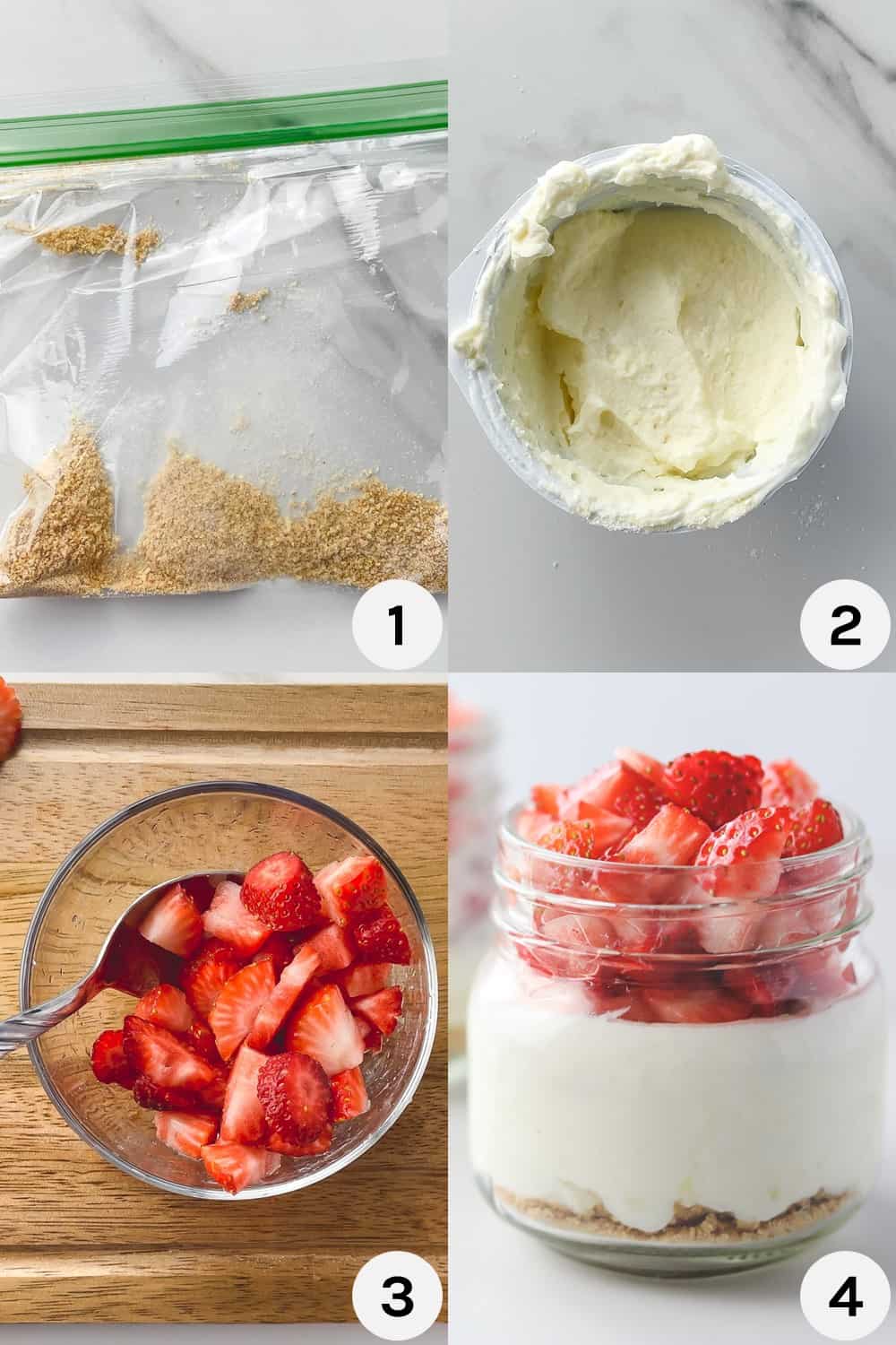4 steps for assembling cheesecake in a jar