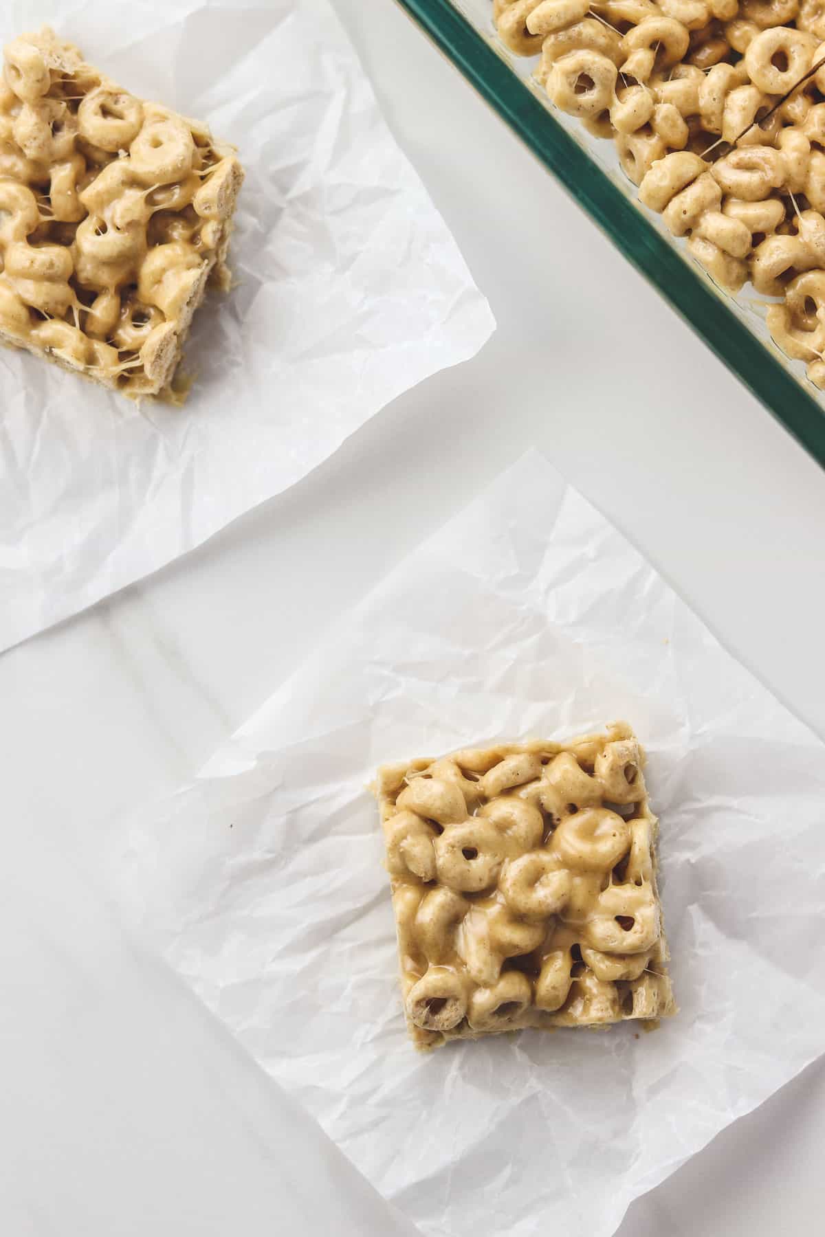 cheerio bars on parchment paper