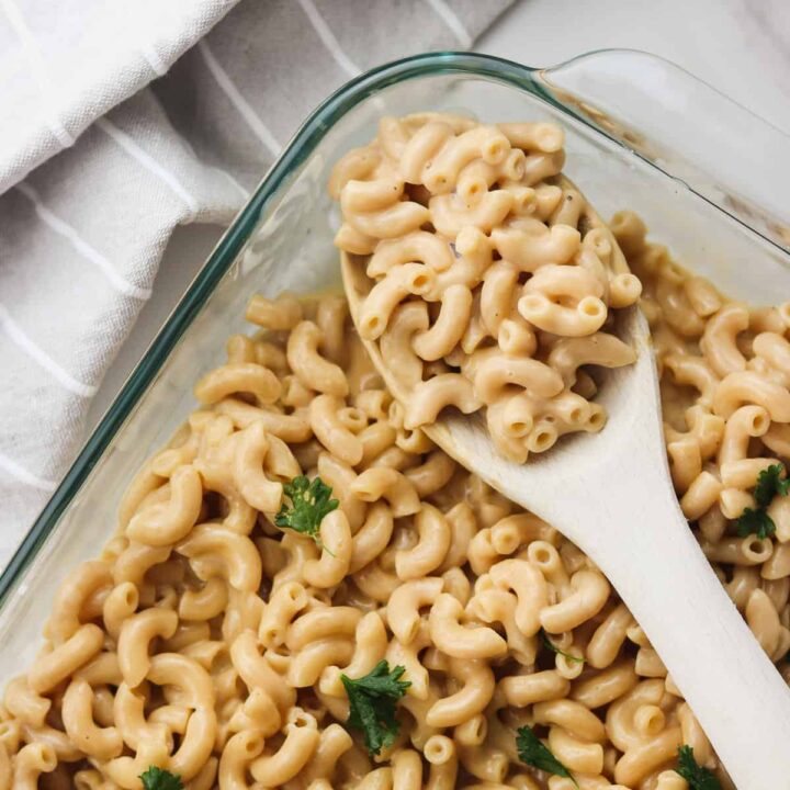 healthy macaroni and cheese in a wooden spoon