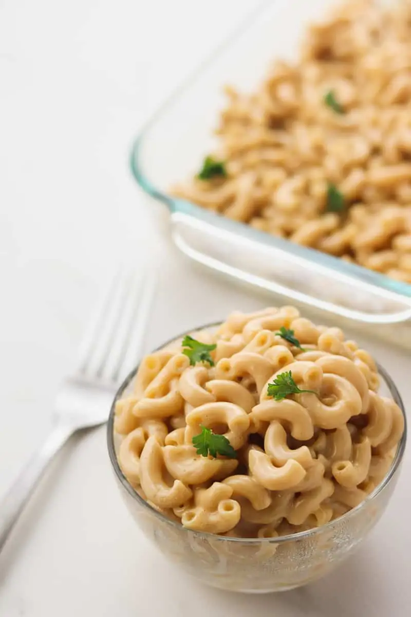 bowl of healthy macaroni and cheese with a fork