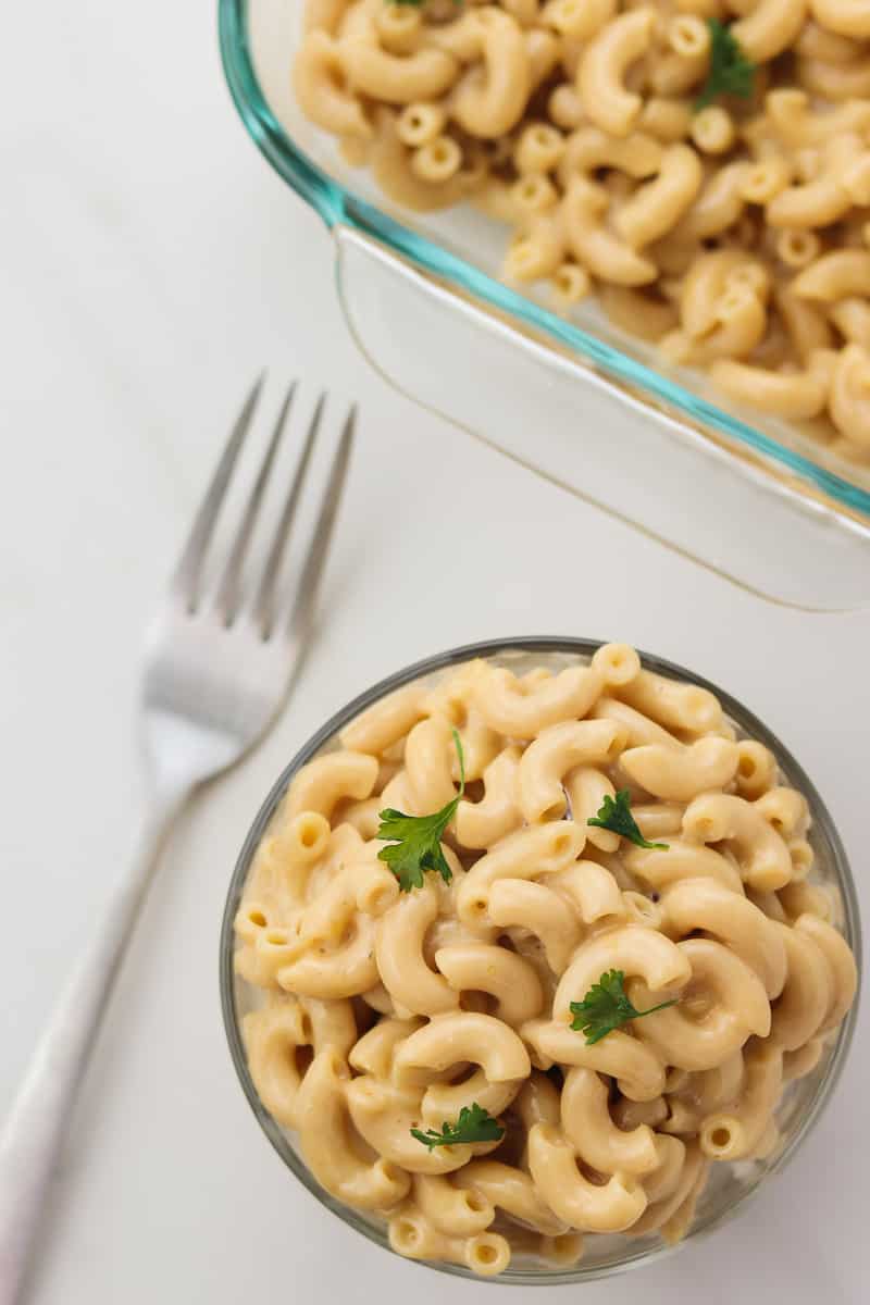 small bowl of healthy mac and cheese with a fork