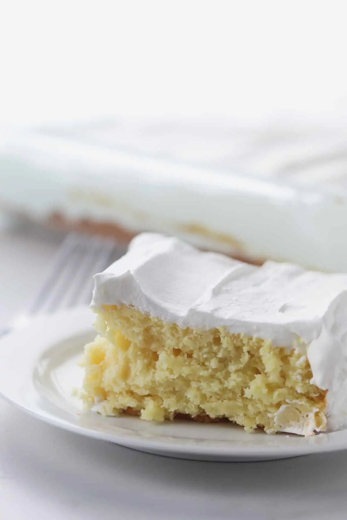 side view of a piece of skinny greek yogurt cake